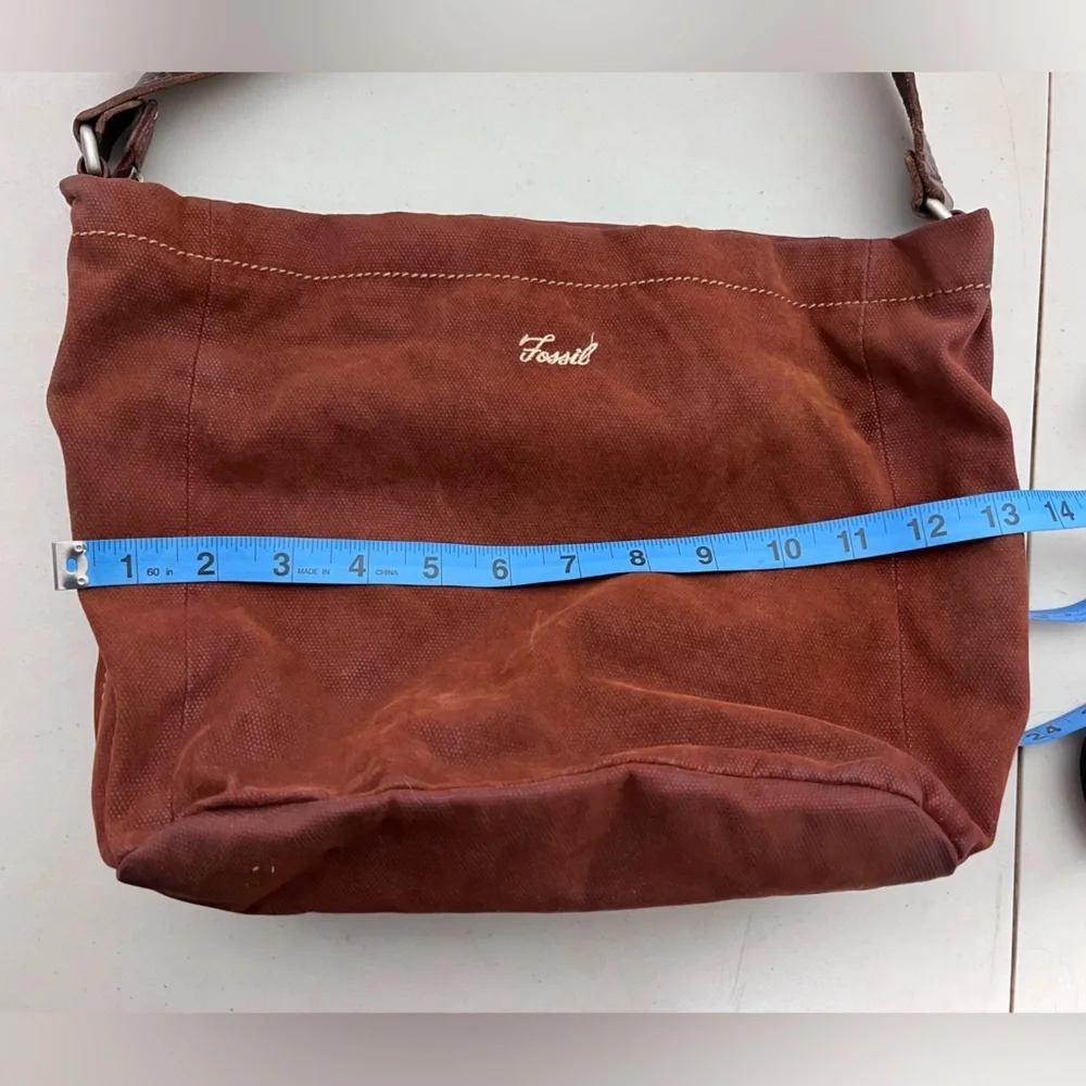 Fossil Rhinestone Buckle Leather Strap Brown Boho Canvas Hobo Bag